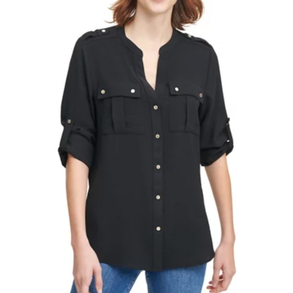 Calvin klein black utility tunic silver detail blouse L